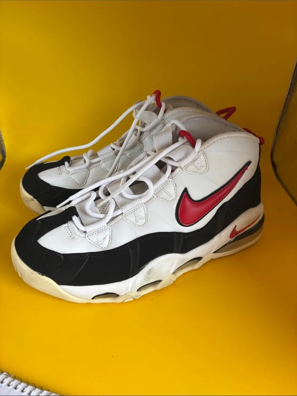 Nike Men White Black Sneakers with Red Swoosh Accent